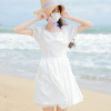 栀子白茶花崎鹿气质白裙子(白裙子，)宽松圆领连衣裙短裙，花边白月光(白月光)小个子