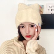 秋冬韩版毛线帽子女猫耳朵帽子纯色针织套头帽保暖冷帽月子包」