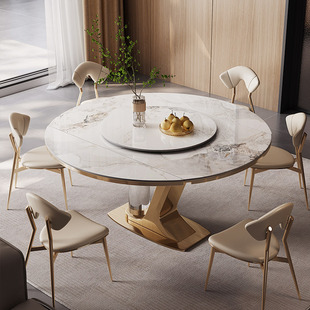 圆形岩板可伸缩餐桌方圆两用轻奢家用小户型带转盘旋转折叠饭桌椅