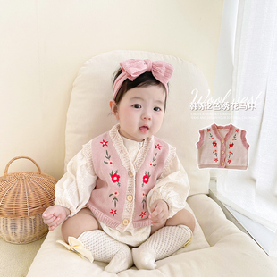 韩版婴儿秋装马甲女宝宝超洋气森系风针织背心开衫春秋天毛衣外套