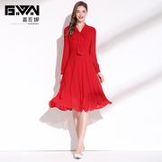 红色连衣裙2023秋装系带领气质收腰显瘦中长款雪纺长袖打底裙