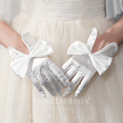 新娘结婚手套短款蕾丝珍珠蝴蝶结，白色手套长款勾指婚纱礼服手套