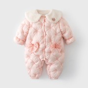 童装棉衣冬季婴儿连体衣爬服新生儿哈衣仿兔绒翻领加厚女宝宝棉服
