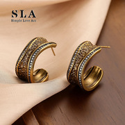 sla私家银针复古高级感微镶锆石古铜色，耳环女法式欧美个性潮
