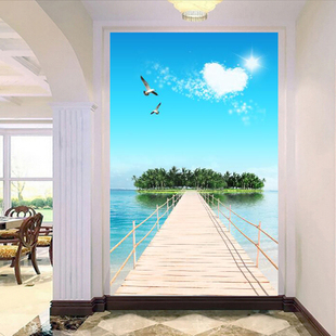 壁布玄关画竖版大海墙壁纸走廊3D海景过道门口墙布装饰家用壁画