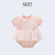 NEXT新生婴儿夏季公主粉色花边短袖连体哈衣女宝宝满月裙礼服爬服