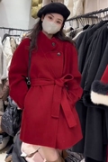 过年红色双面羊绒大衣女，短款秋冬系带，修身显瘦立领羊毛呢外套