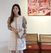 韩国chic秋季复古气质翻领，百搭长袖衬衫，+小香风背心连衣裙两件套