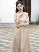 天丝提花旗袍长袖2023新中式国风印花气质显瘦A版连衣裙少女