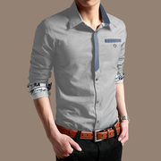 浅灰色衬衫男长袖秋季假领带衫衣韩式修身高级感不规则拼接衬衣寸