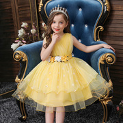 跨境儿童礼服公主裙，女童走秀演出服黄色碎花连衣裙，超仙无袖公主裙