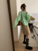 韩国俏皮可爱亮色苹果绿短款长袖衬衫配松紧腰短裙