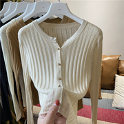 金扣单排扣镂空薄款羊毛针织衫，女韩版女装圆领纯色，长袖打底开衫
