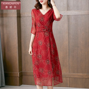 香妮芬高贵优雅红色收腰连衣裙2023夏装，台湾网纱显瘦中长款女