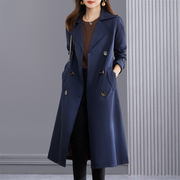 风衣女款2024中长款春秋季藏青色韩版外套，垂感高级感大衣收腰