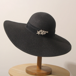 度假草帽黑色大檐帽子女夏季海滩，遮阳帽可折叠沙滩出游大沿帽