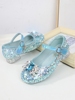 爱莎公主鞋2023春秋季小女孩，水晶鞋演出鞋儿童皮鞋蓝色高跟鞋