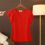 红色v领短袖雪纺衫女夏季薄款设计感荷叶边大码宽松冰丝别致上衣