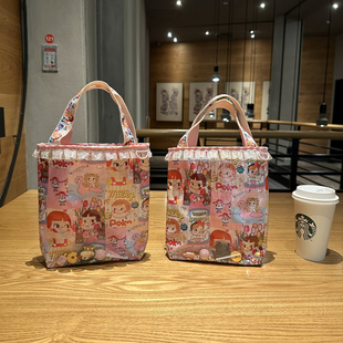日系可爱卡通蕾丝少女PVC透明印花流沙手提妈咪包外出轻便手拎包