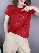 欧洲站短袖t恤女夏季时尚，简约圆领正肩体恤，爱心印花红色上衣