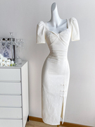 白色复古改良旗袍连衣裙女夏季长裙，法式赫本风高级感气质礼服裙子