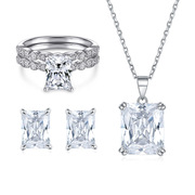 纯银方钻高碳钻戒指s925锆石耳环方形水晶项链女百搭小众首饰套装