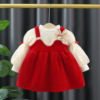 女童裙子加厚白色t恤红色公主半身裙，套装冬装周岁礼服加绒演出服