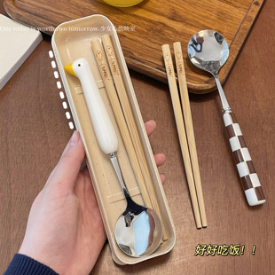 餐具套装木质筷子勺子不锈钢叉子，三件套一人用儿童学生便携收纳盒