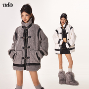 ueko冬季欧美立领中长款羊羔毛棉衣(毛棉衣)棉服女个性皮扣羊羔绒加厚外套