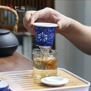 耐热双耳玻璃泡茶壶家用红茶杯陶瓷过滤玻璃花，茶壶简约青花冲茶器