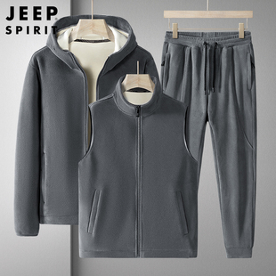 jeep加绒加厚运动套装男士，冬季保暖摇粒绒，休闲运动服羊羔绒三件套