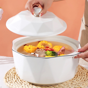 10.5英寸双耳锅陶瓷家用大号汤碗，汤盆大碗创意日式泡面，碗单个带盖