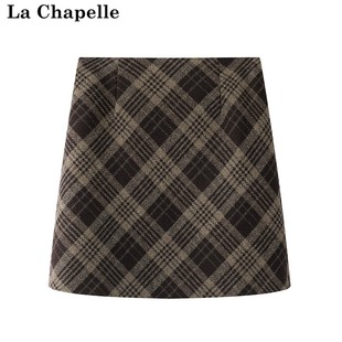 拉夏贝尔/La Chapelle秋冬高腰格子半身裙毛呢显瘦复古A字短裙女