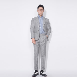 川泽男士浅灰色轻商务西装二件套韩版修身格子单排扣西服套装