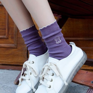 紫色长袜子女夏季薄款jk花边ins潮日系可爱棉质春夏季堆堆中筒袜
