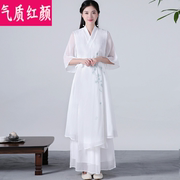 中国风唐装女茶艺师服装仙气禅意茶服禅修服改良汉服连衣裙两件套