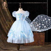 艾莎公主裙夏款女童爱莎迪士尼正版冰雪奇缘发光儿童拖地礼服裙子