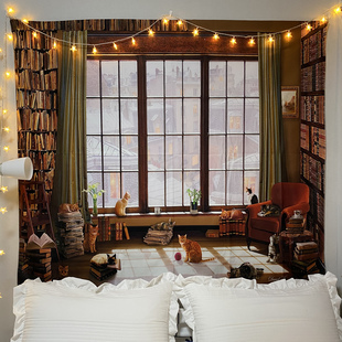 复古书架窗户大背景布床头客厅卧室猫挂毯墙壁装饰挂布宿舍布置