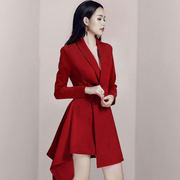 长袖红色小礼服裙子西装，连衣裙西服女时尚，高腰气质春秋不规则韩版