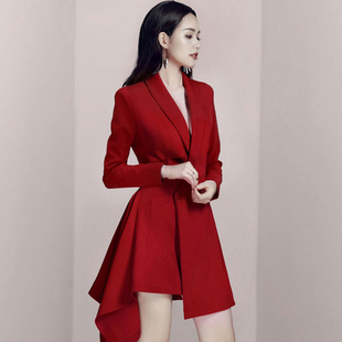 长袖红色小礼服裙子西装连衣裙，西服女时尚，高腰气质春秋不规则韩版