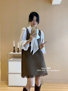 HQY+ 2024年春季韩版 长袖纯色蝴蝶结内搭+背带连衣裙 两件套