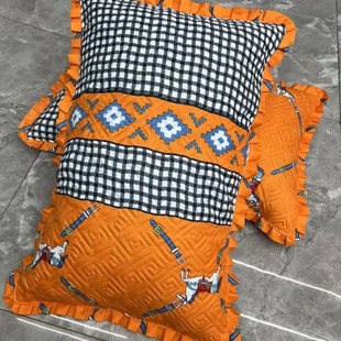 格子马枕套一对加厚(48×74厘米)通用四季橘色格纹橙色木耳边