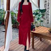 胖mm敬酒服新娘订婚礼服，中国红旗袍裙，大码秋冬优雅感气质长裙