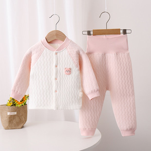婴儿保暖内衣套装秋冬宝宝三层，夹棉高腰护肚分体两件套新生儿衣服