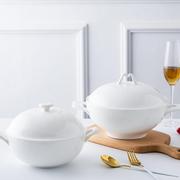 景德镇家用双耳大碗个性纯白色大号，骨瓷汤锅带盖汤盆汤碗陶瓷品锅