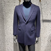 品牌男士风衣外套中长款羊毛蚕丝西服领上衣蓝色商务休闲免烫