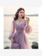 茶歇法式仙女紫色连衣裙春季女装绝美高级感海边度假气质沙滩长裙