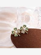 银针春季简约镶钻撞色四叶草耳钉气质，绿色镶珍珠四瓣花耳环