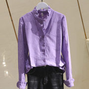复古刺绣棉布衬衫2023秋长袖百搭收身显瘦紫色衬衣打底衫上衣