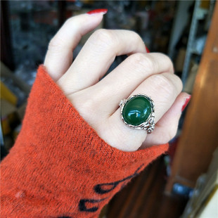 925纯银绿玉髓玛瑙活口，气质镂空花纹个性时尚，韩版夸张食指戒指女